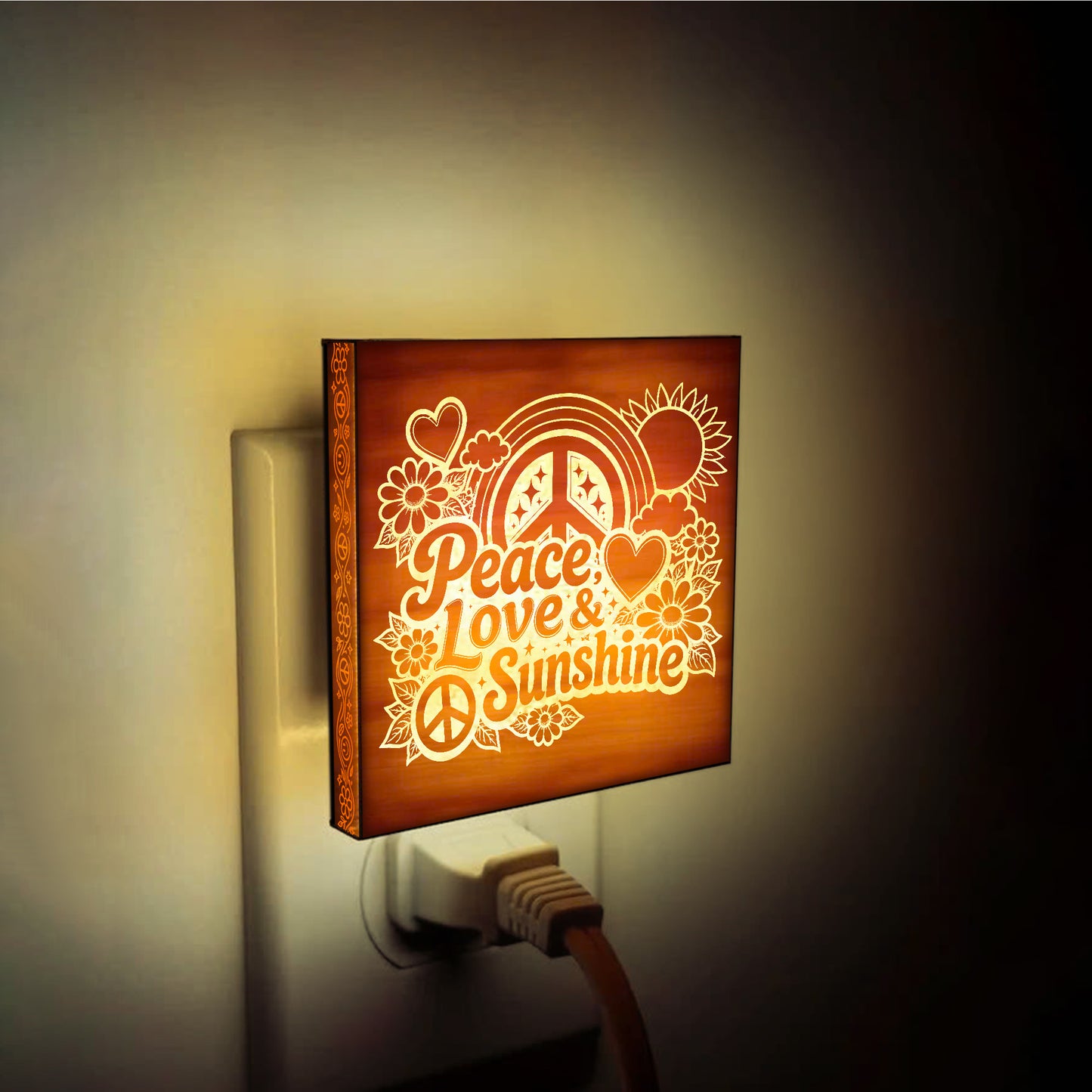 Peace, Love & Sunshine | Artistic Engraved Wooden LED Night Light | HP0001