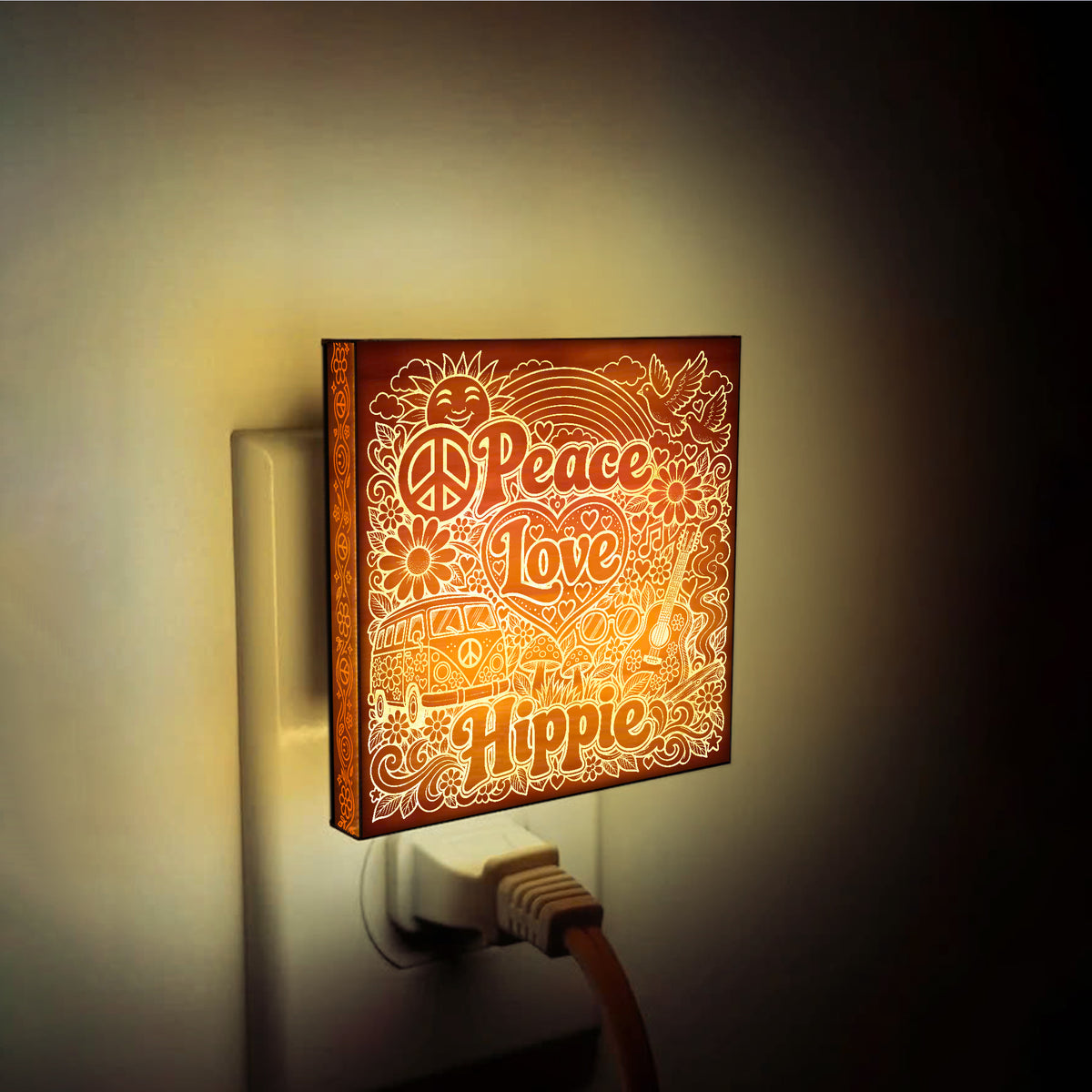 Peace - Love - Hippie | Artistic Engraved Wooden LED Night Light | HP0017