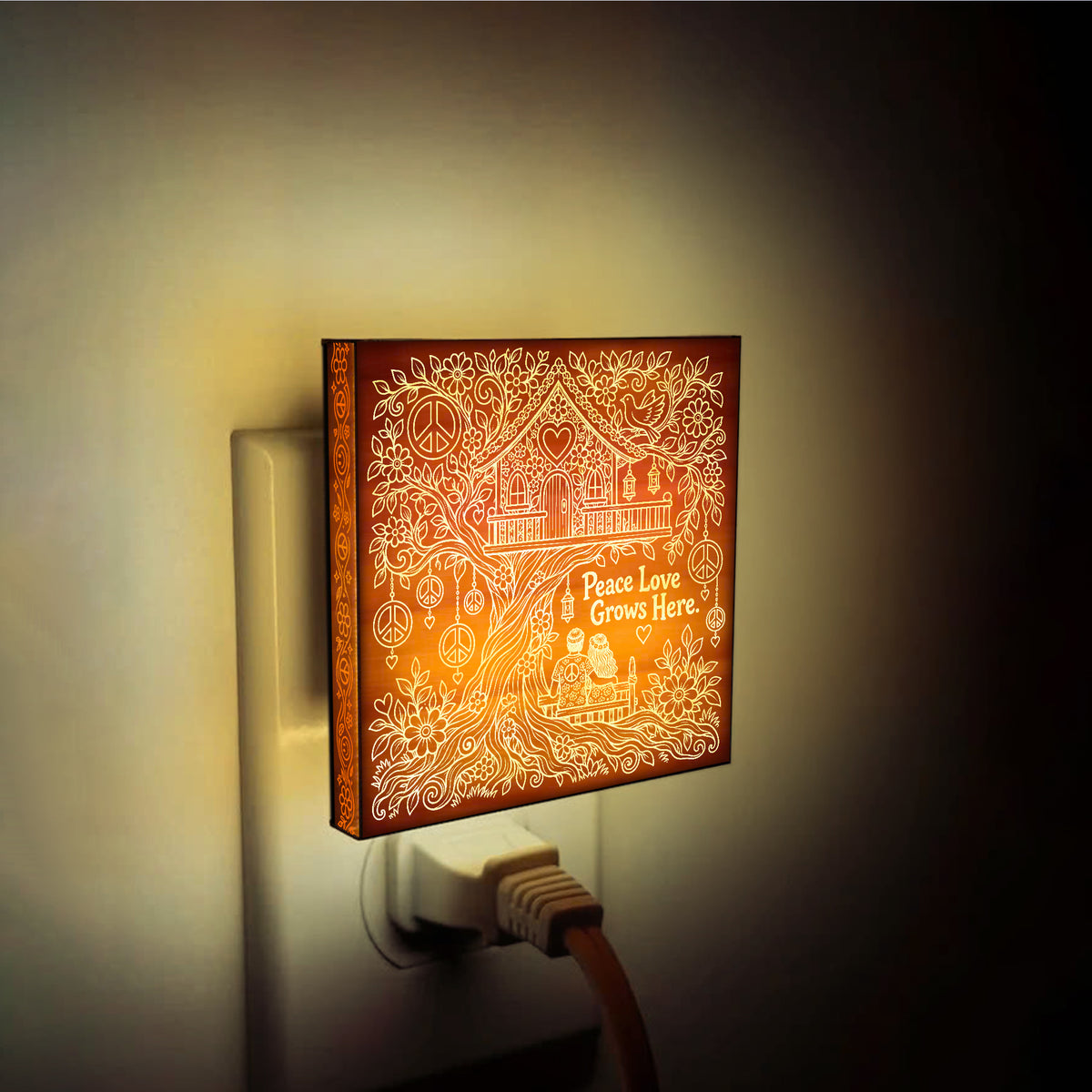 Peace Love Grows Here | Artistic Engraved Wooden LED Night Light | HP0021
