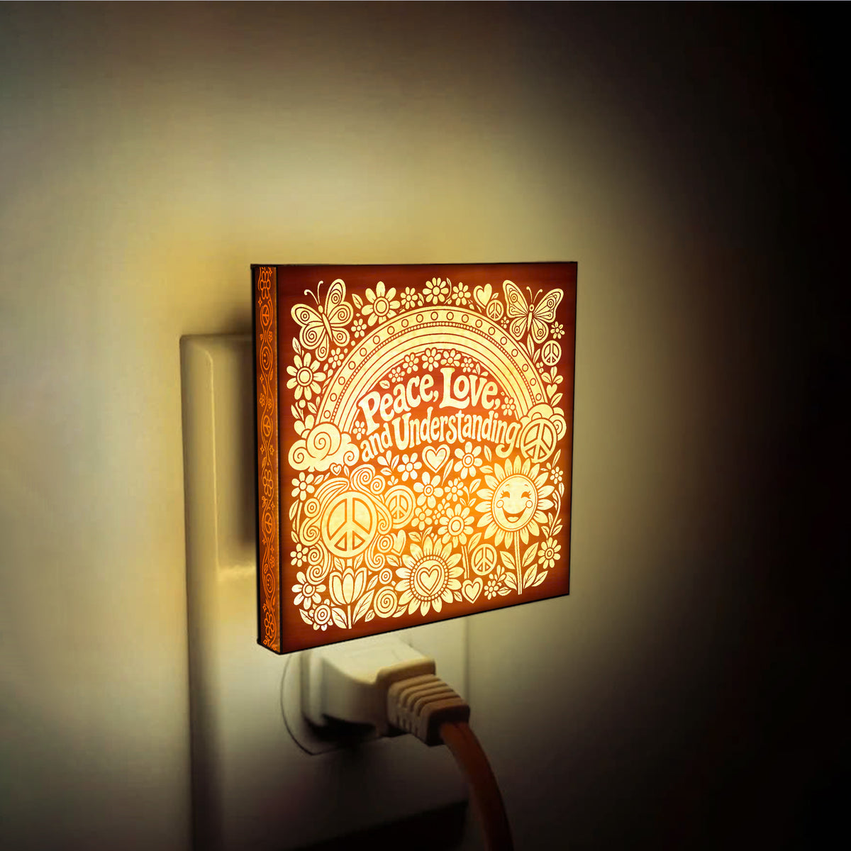 Peace - Love - Understanding | Artistic Engraved Wooden LED Night Light | HP0015