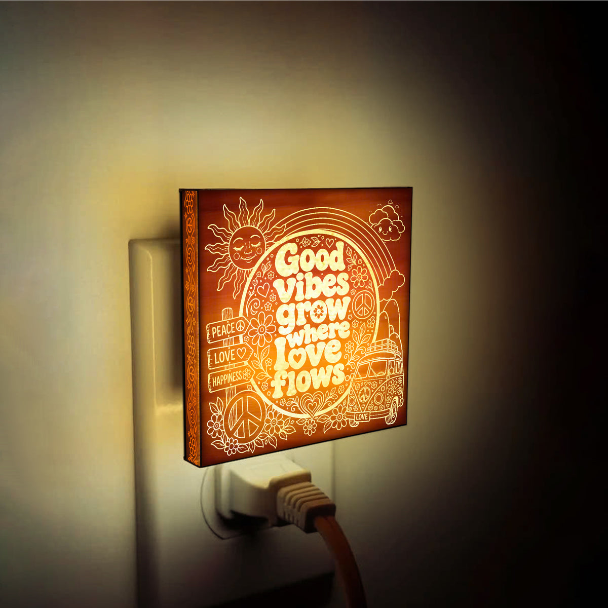 Good Vibes Grow Where Love Flows | Artistic Engraved Wooden LED Night Light | HP0016