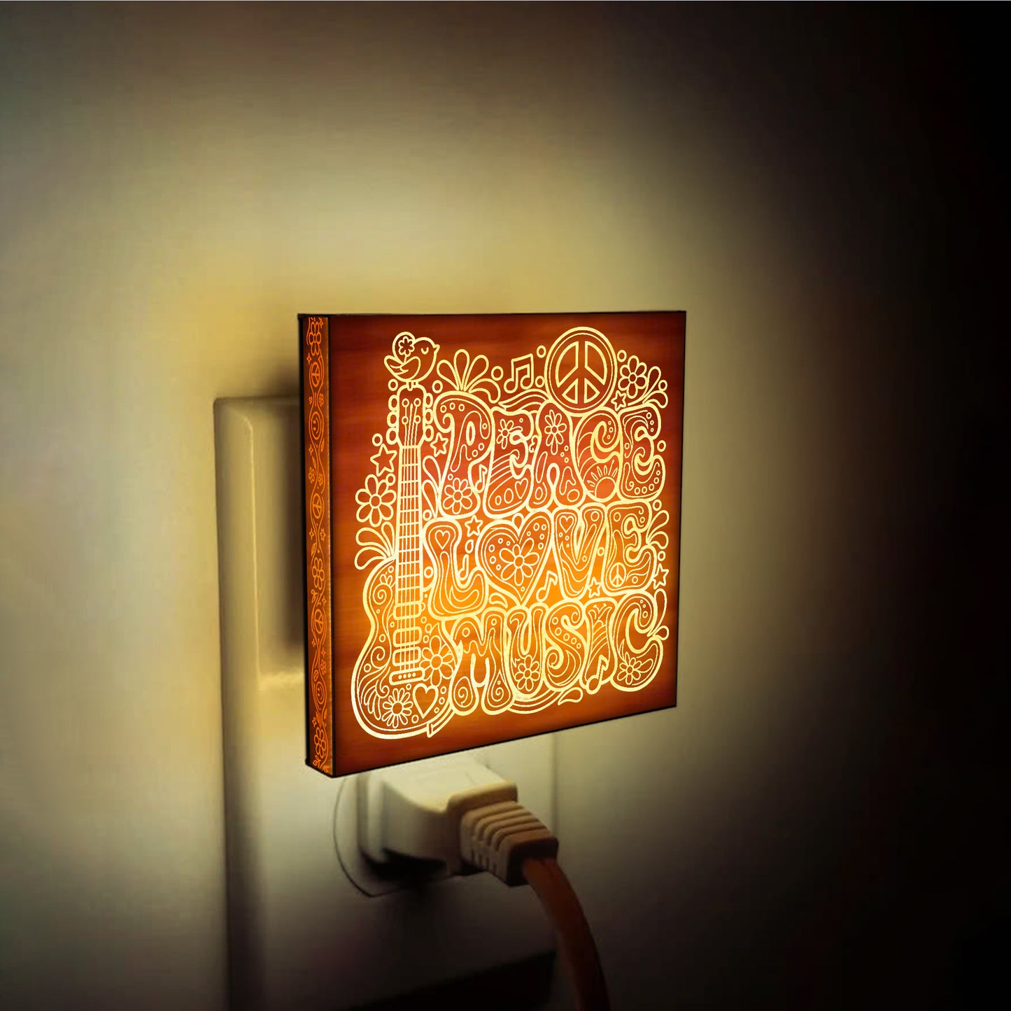 Peace, Love & Music | Artistic Engraved Wooden LED Night Light | HP0005