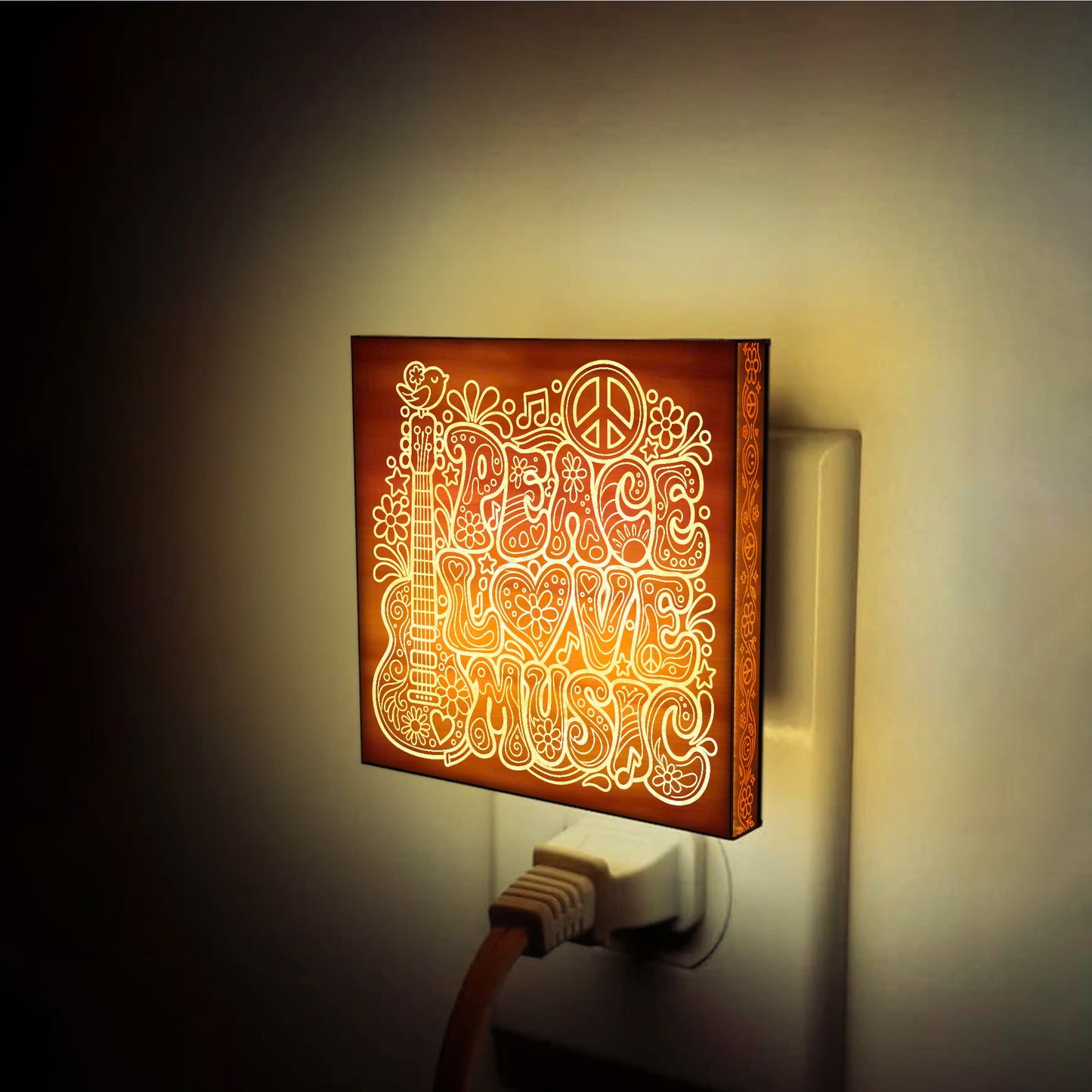 Peace, Love & Music | Artistic Engraved Wooden LED Night Light | HP0005