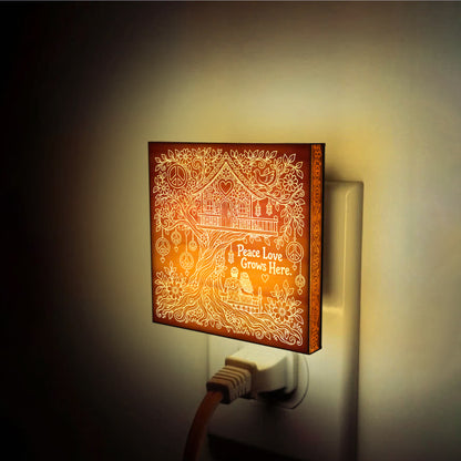 Peace Love Grows Here | Artistic Engraved Wooden LED Night Light | HP0021