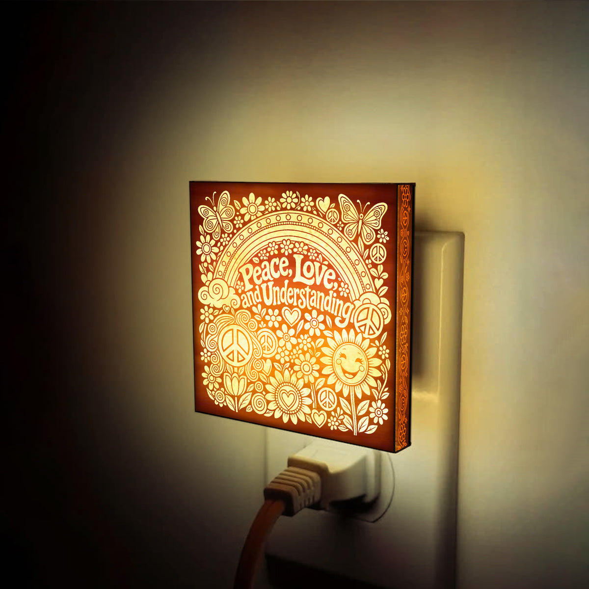 Peace - Love - Understanding | Artistic Engraved Wooden LED Night Light | HP0015