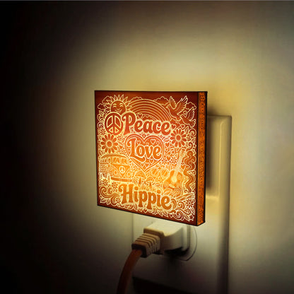 Peace - Love - Hippie | Artistic Engraved Wooden LED Night Light | HP0017