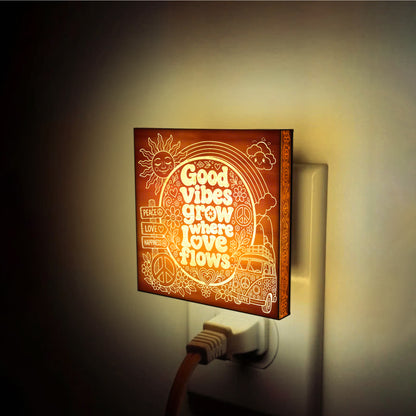 Good Vibes Grow Where Love Flows | Artistic Engraved Wooden LED Night Light | HP0016