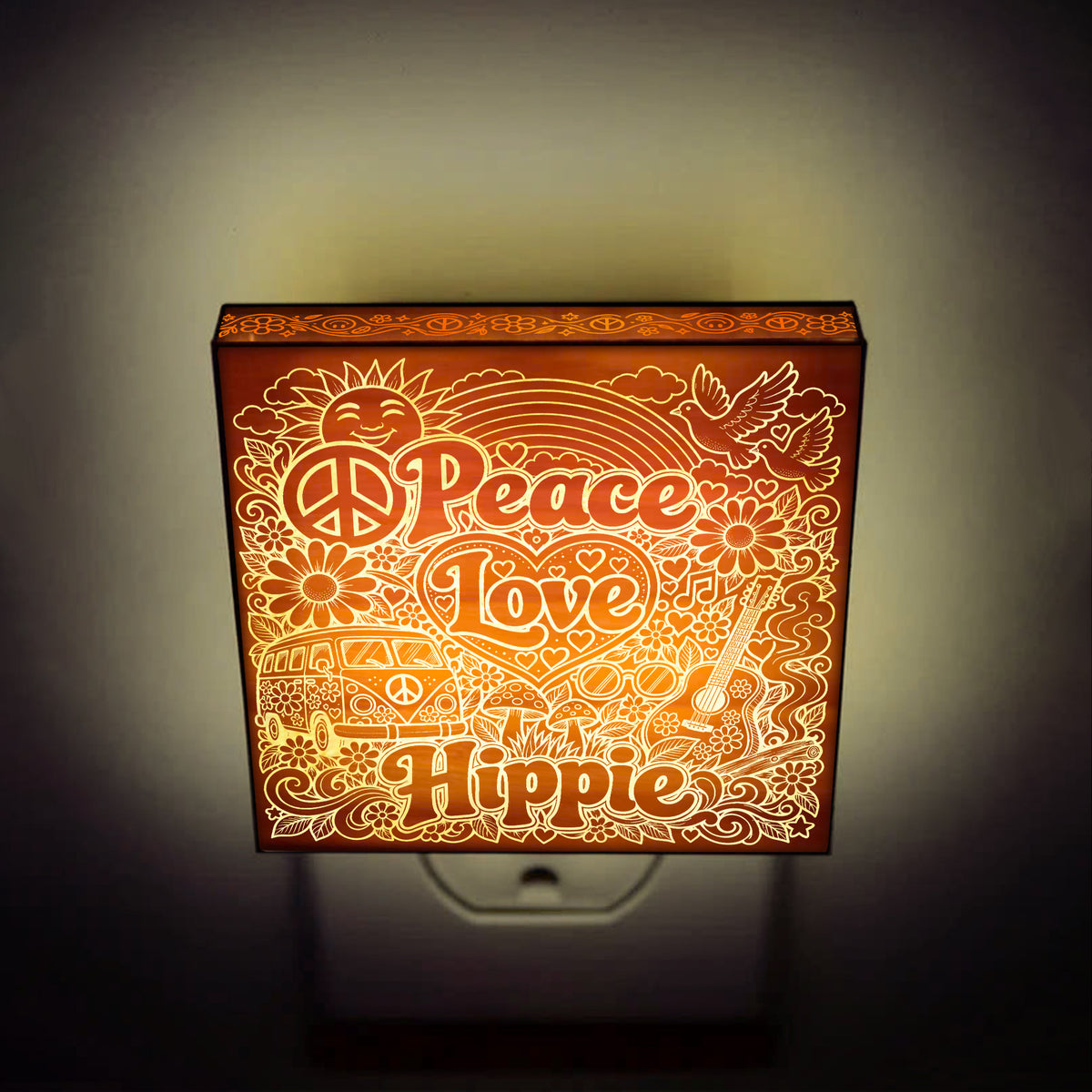 Peace - Love - Hippie | Artistic Engraved Wooden LED Night Light | HP0017