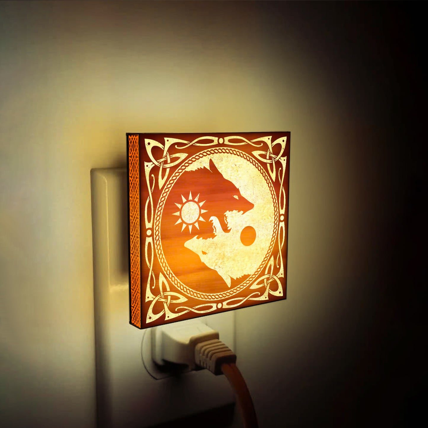 Sun & Moon Viking Wolves Engraved Wooden LED Night Light - NLVK0017