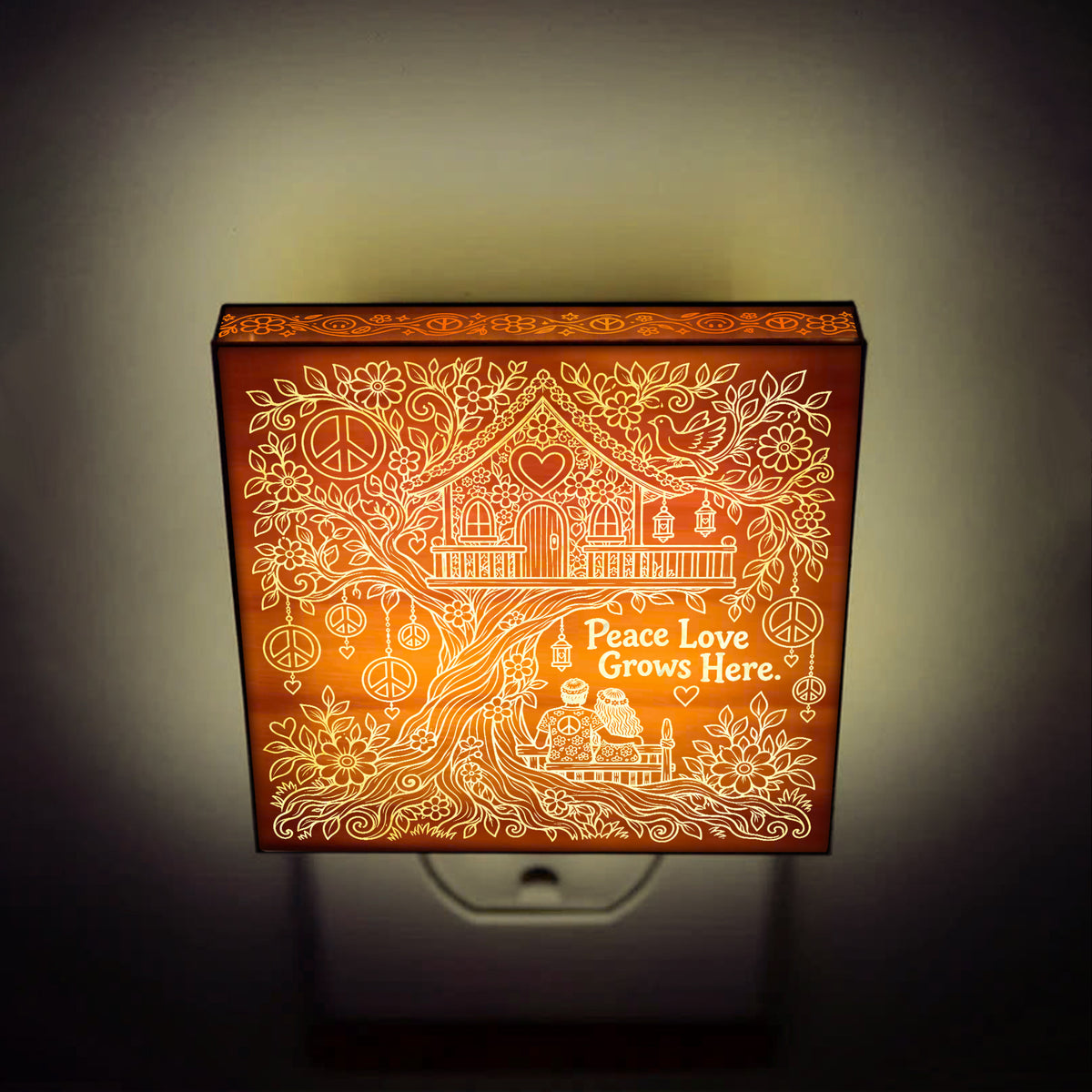 Peace Love Grows Here | Artistic Engraved Wooden LED Night Light | HP0021