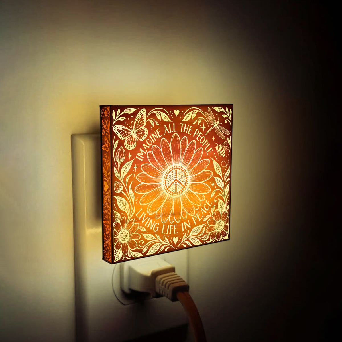 Imagine All The People Living Life in Peace, Artistic Engraved Wooden LED Night Light, PH0017