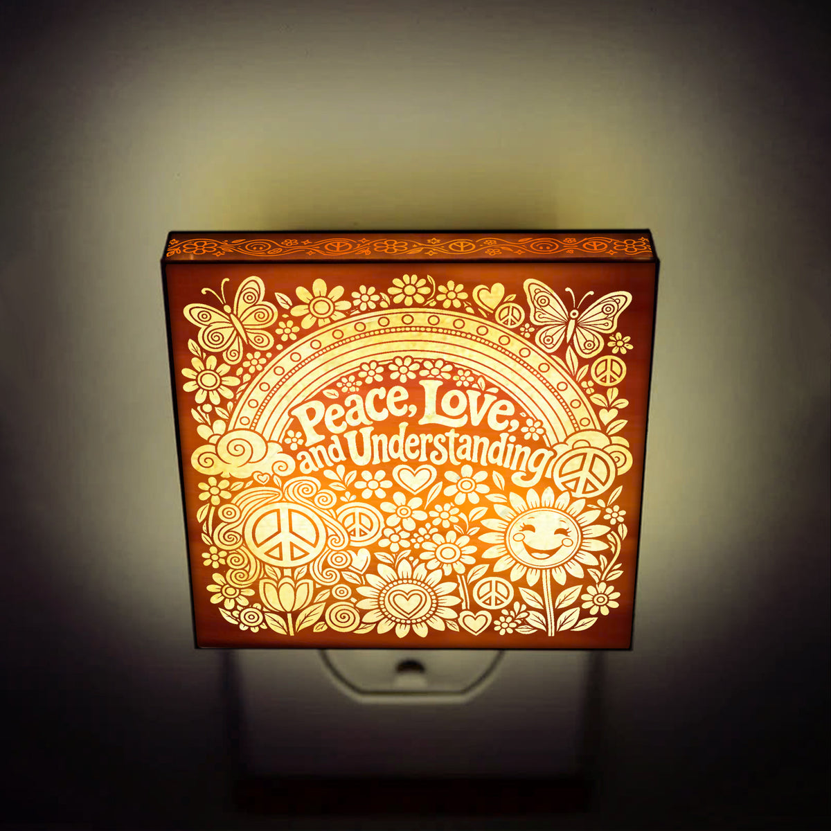Peace - Love - Understanding | Artistic Engraved Wooden LED Night Light | HP0015