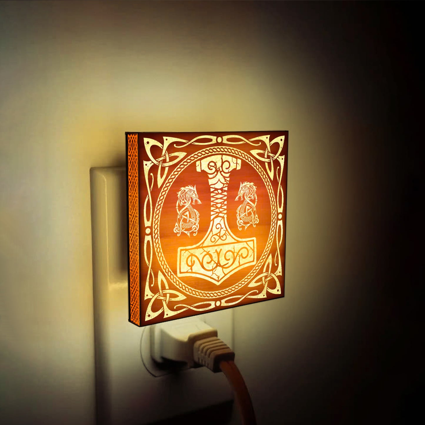 The Legendary Mjölnir Engraved Wooden LED Night Light - NLVK0019