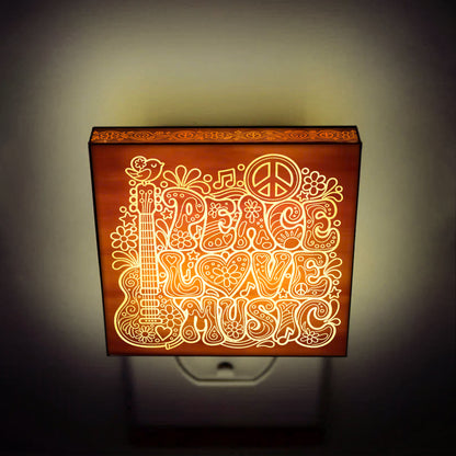 Peace, Love & Music | Artistic Engraved Wooden LED Night Light | HP0005