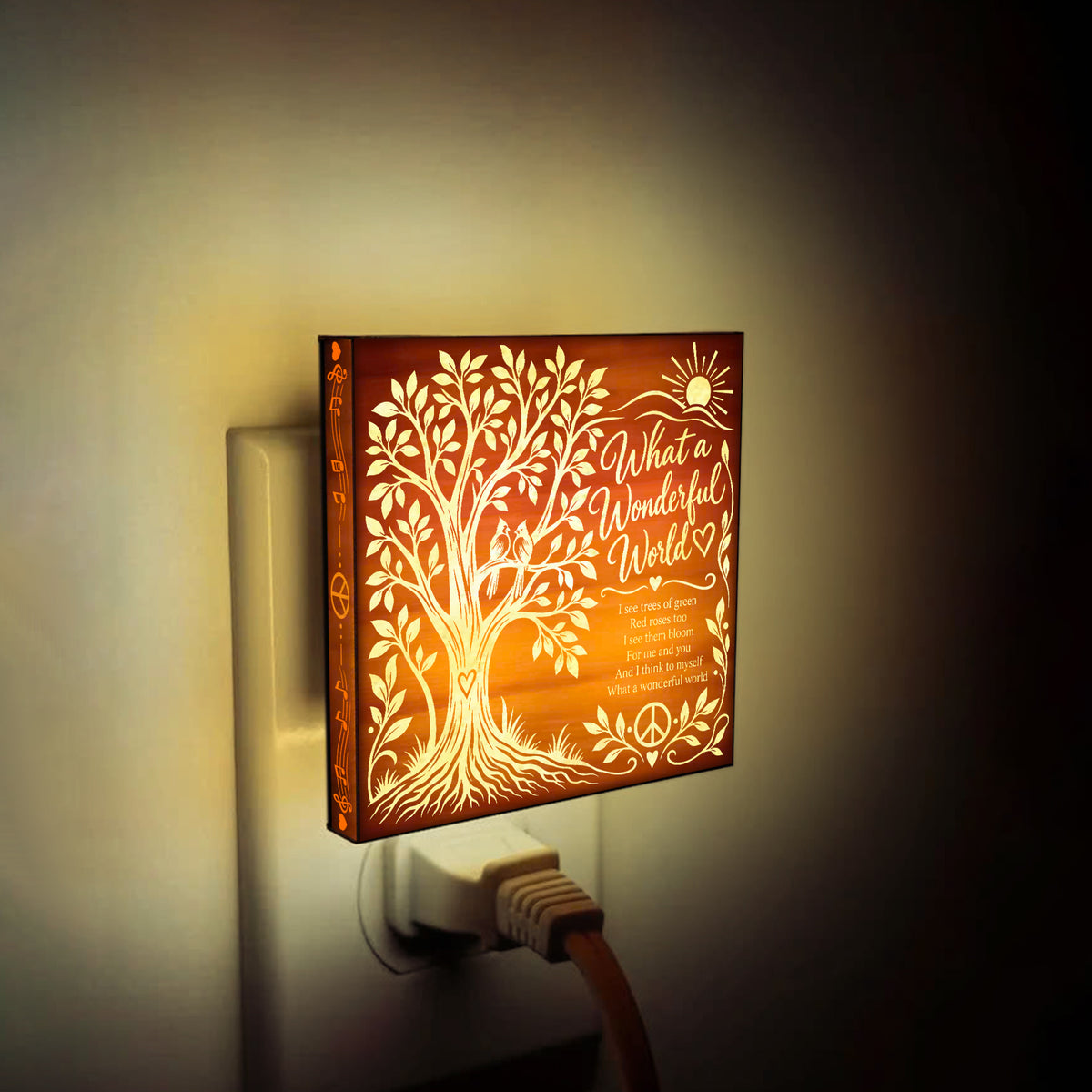 A Wonderful World – Cardinal & Love, Artistic Engraved Wooden LED Night Light, PH0023