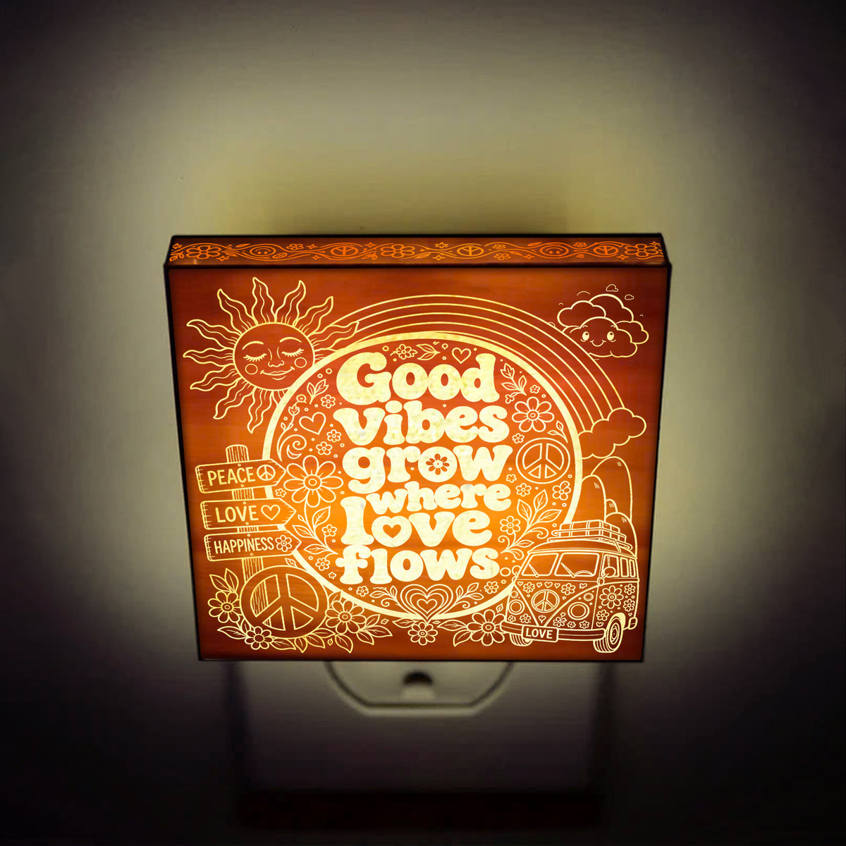 Good Vibes Grow Where Love Flows | Artistic Engraved Wooden LED Night Light | HP0016