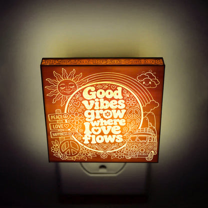 Good Vibes Grow Where Love Flows | Artistic Engraved Wooden LED Night Light | HP0016