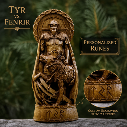 Personalized TYR vs FENRIR Wooden Statue – Custom Runes, Viking Gift & Nordic Decor