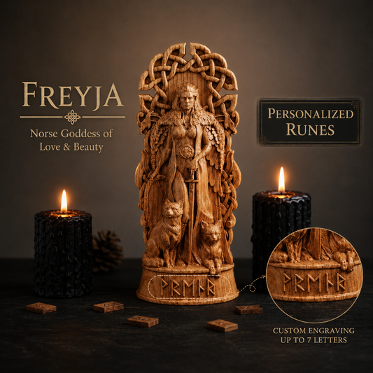 Personalized Freyja Wooden Statue – Custom Runes, Viking Gift & Nordic Decor
