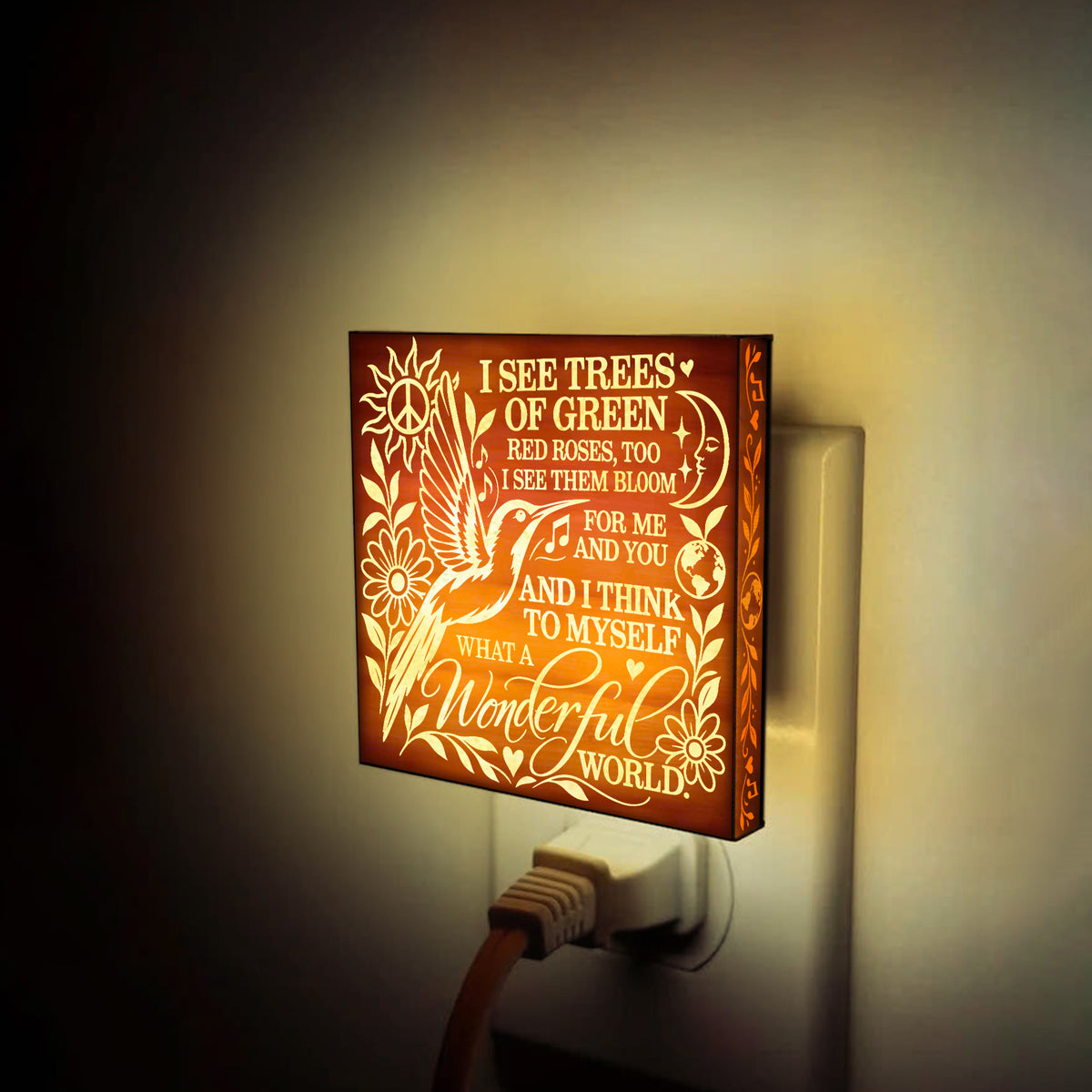 What a Wonderful World, Artistic Engraved Wooden LED Night Light, PH0021