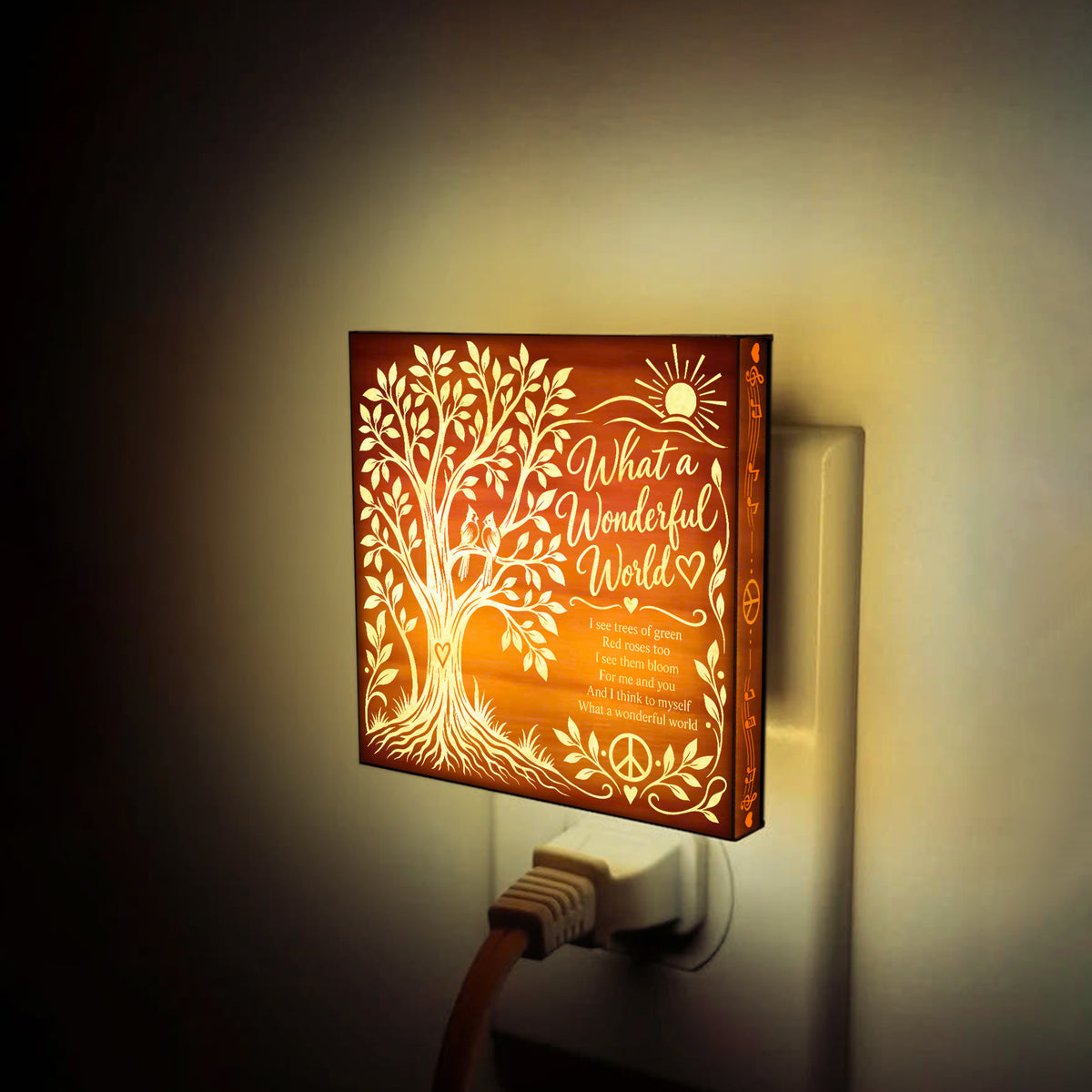 A Wonderful World – Cardinal & Love, Artistic Engraved Wooden LED Night Light, PH0023