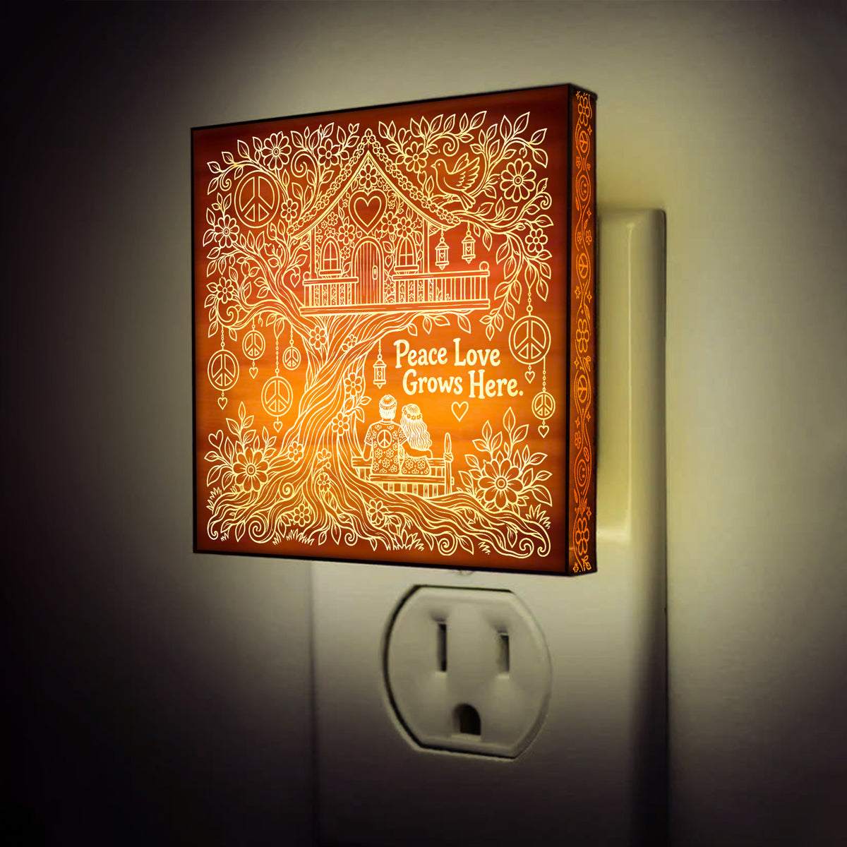 Peace Love Grows Here | Artistic Engraved Wooden LED Night Light | HP0021
