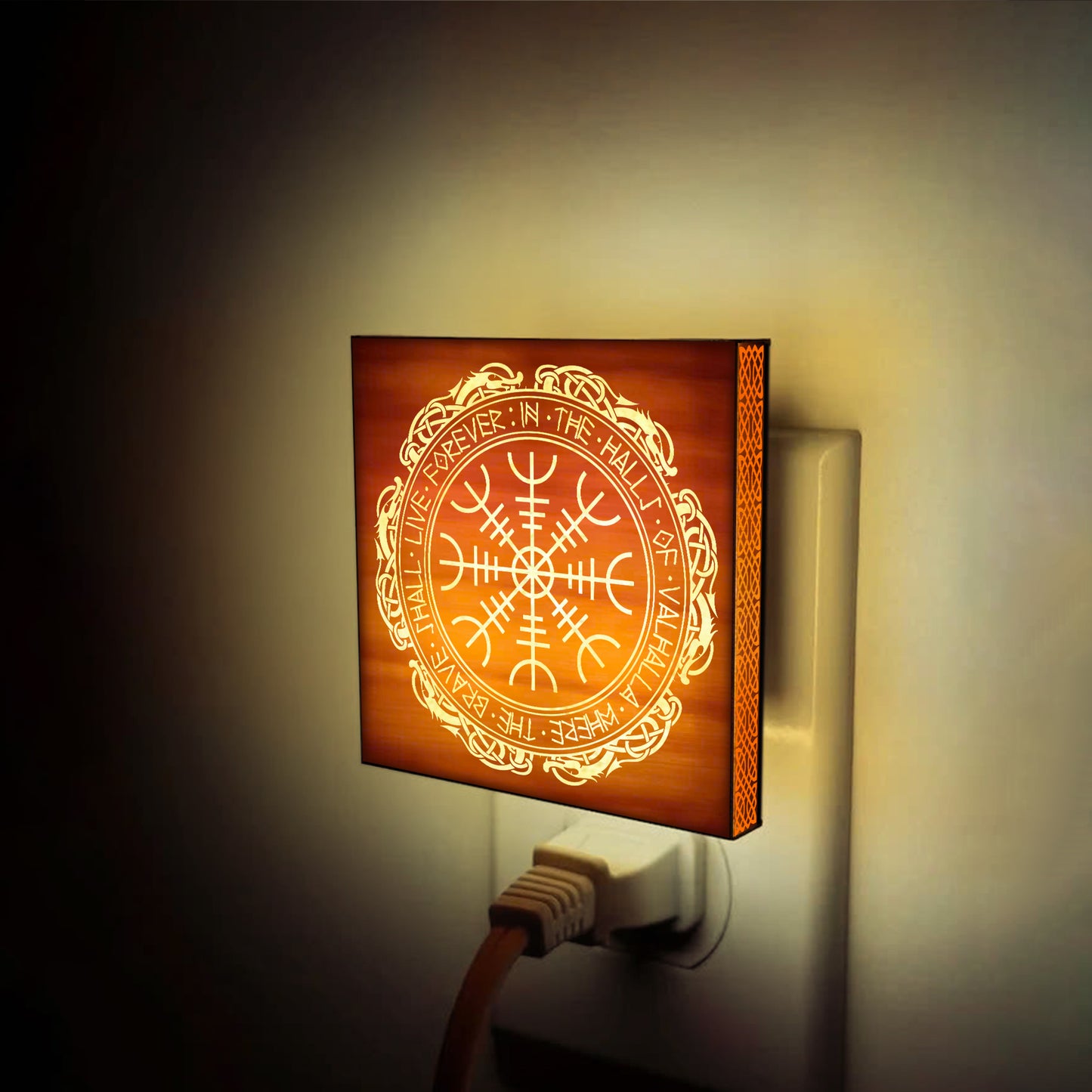 The Brave Shall Live Forever in the Halls of Valhalla, Engraved Wooden LED Night Light - NLVK0001