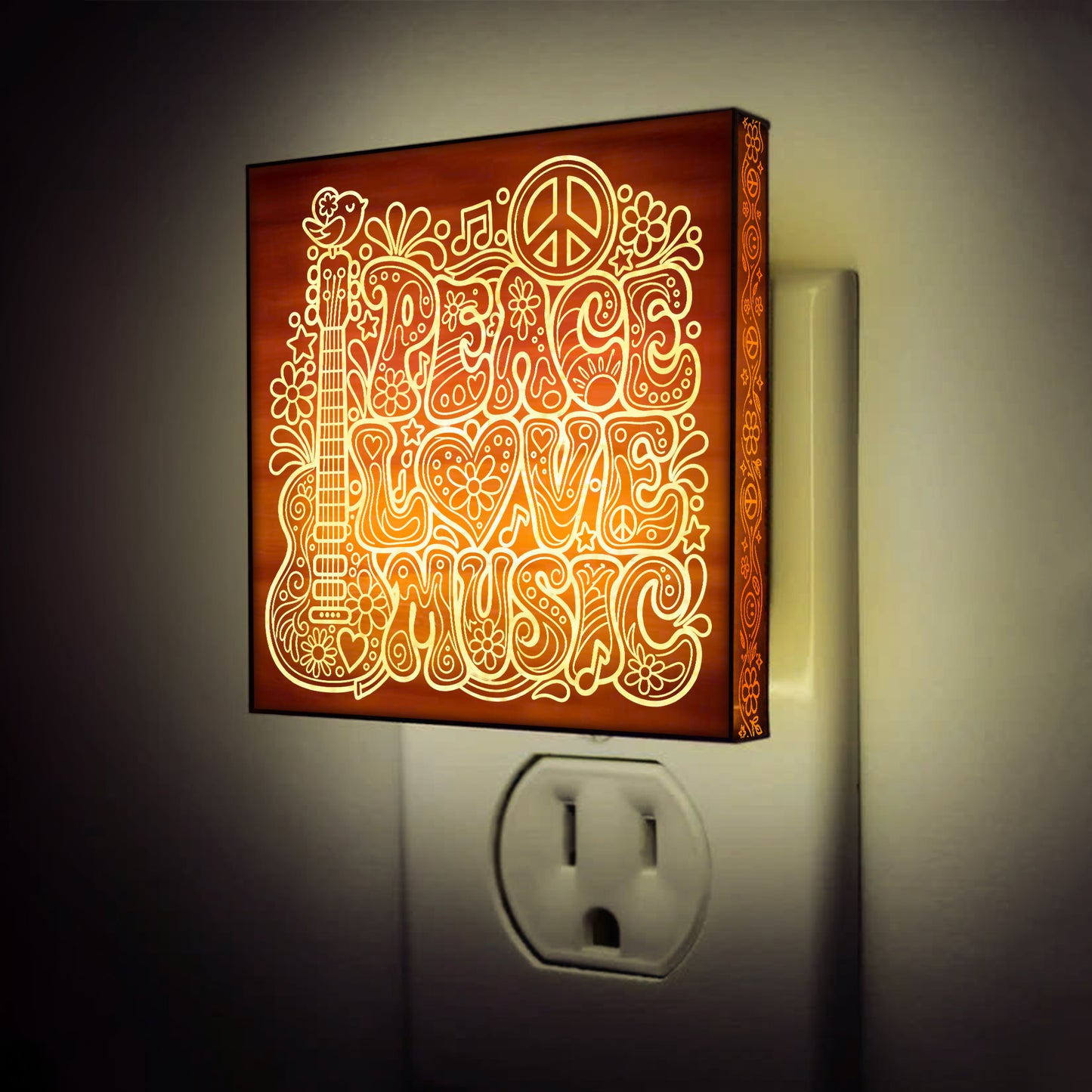 Peace, Love & Music | Artistic Engraved Wooden LED Night Light | HP0005