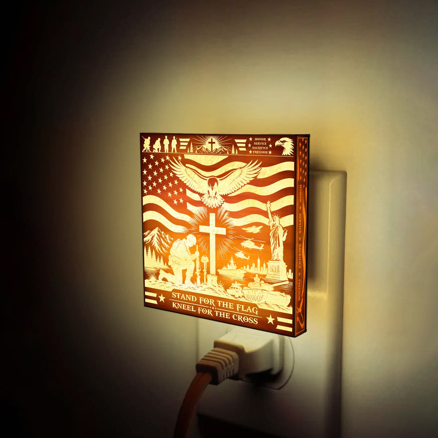 Stand For the Flag - Kneel For the Cross | Artistic Engraved Wooden LED Night Light, NLV0036