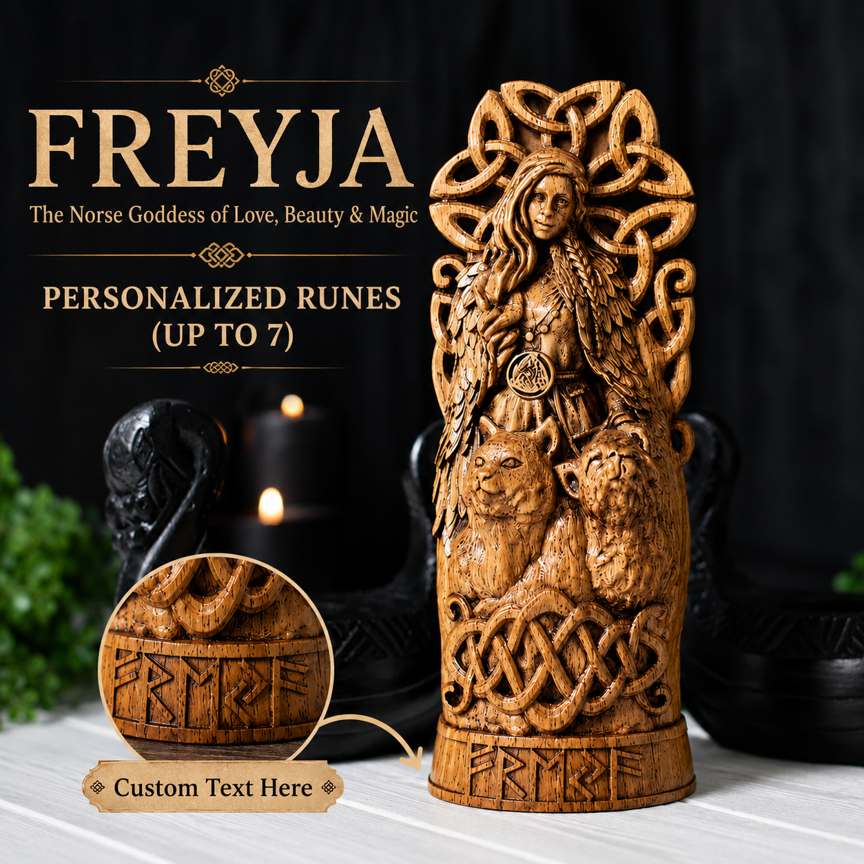 Personalized Freyja Wooden Statue – Custom Runes, Viking Gift & Nordic Decor