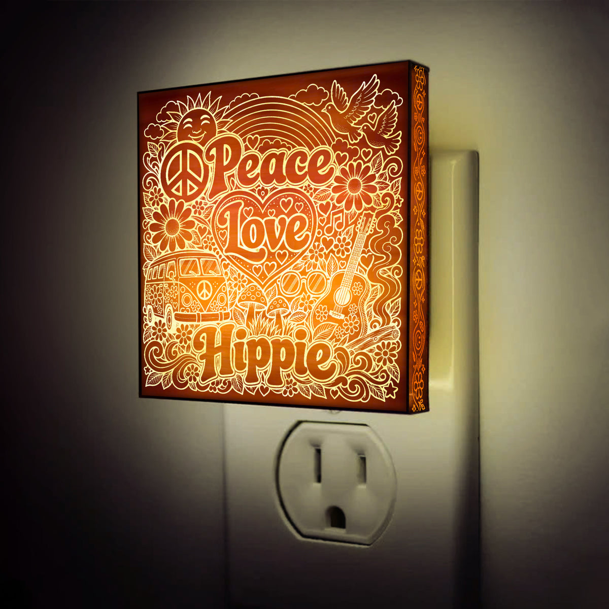 Peace - Love - Hippie | Artistic Engraved Wooden LED Night Light | HP0017