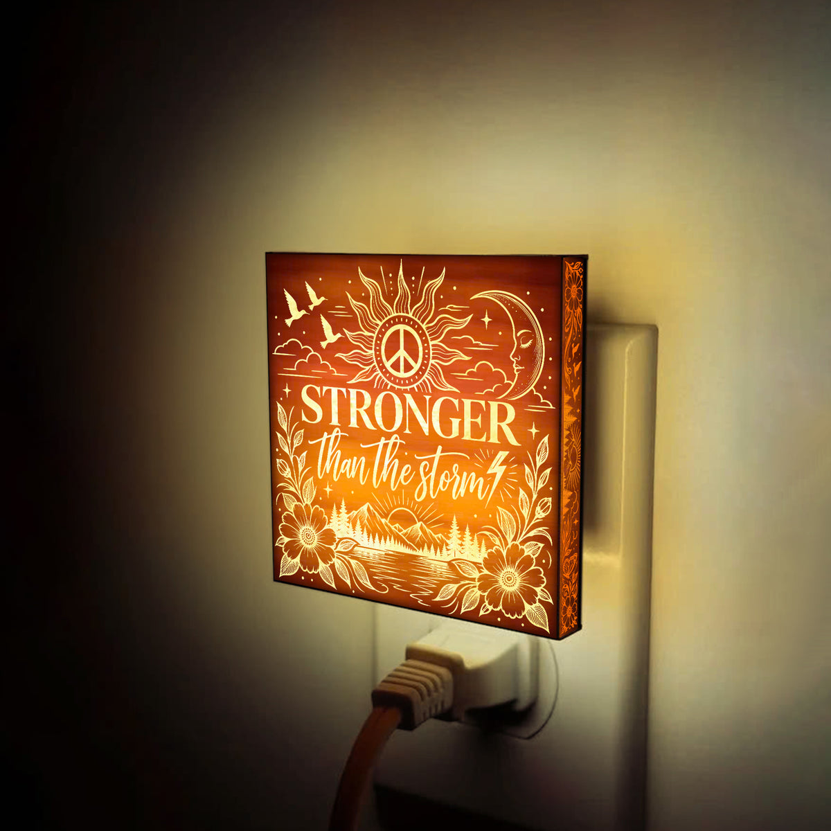 STRONGER Than The Storm, Artistic Engraved Wooden LED Night Light, PH0019