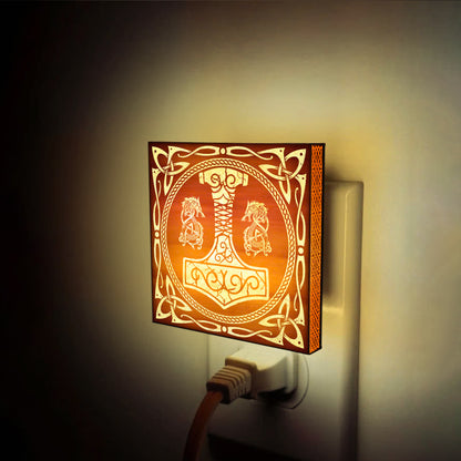 The Legendary Mjölnir Engraved Wooden LED Night Light - NLVK0019