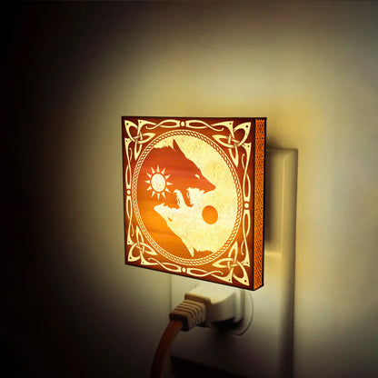 Sun & Moon Viking Wolves Engraved Wooden LED Night Light - NLVK0017