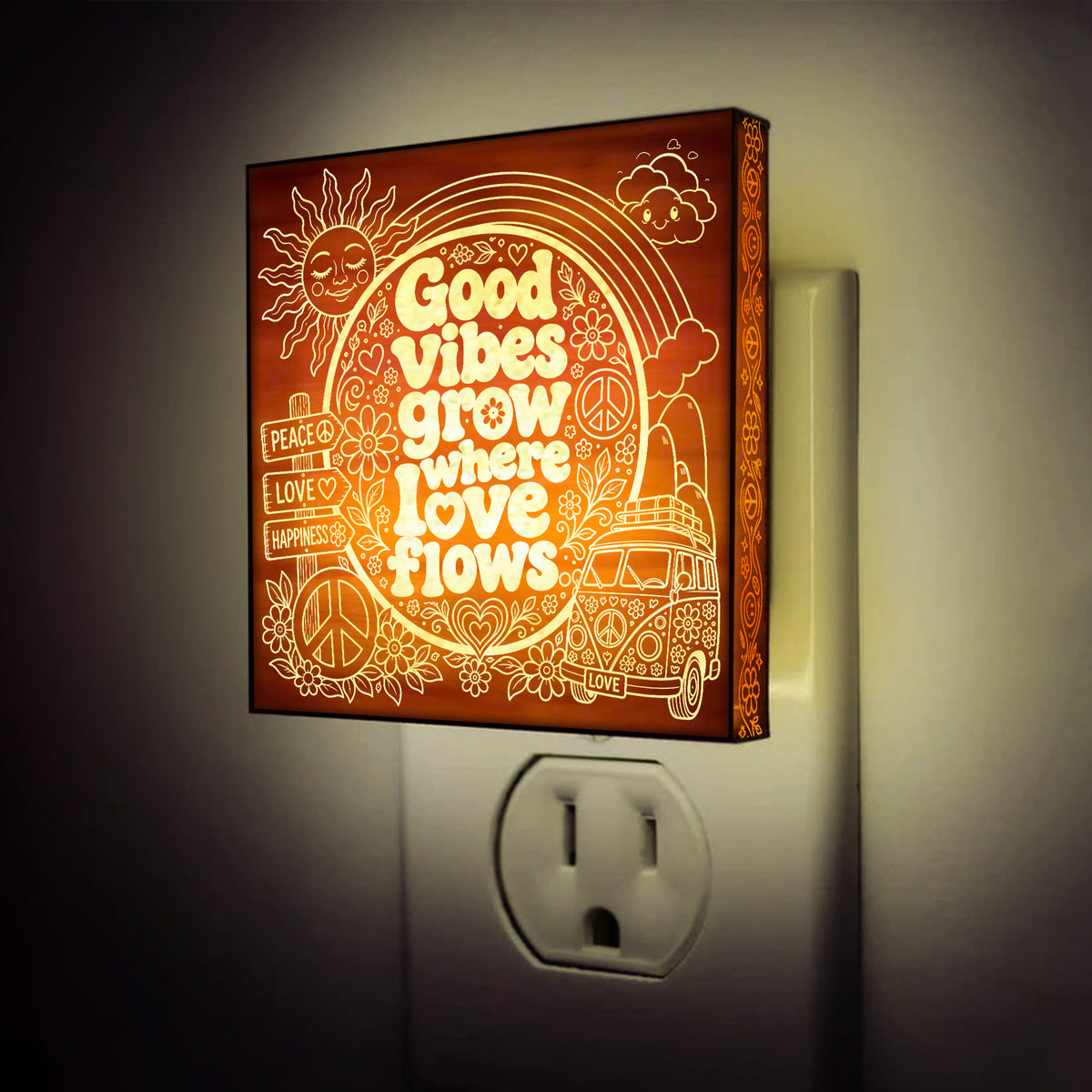 Good Vibes Grow Where Love Flows | Artistic Engraved Wooden LED Night Light | HP0016