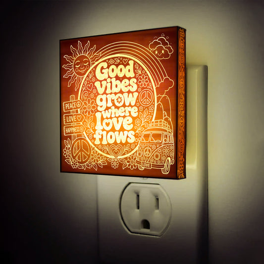 Good Vibes Grow Where Love Flows | Artistic Engraved Wooden LED Night Light | HP0016