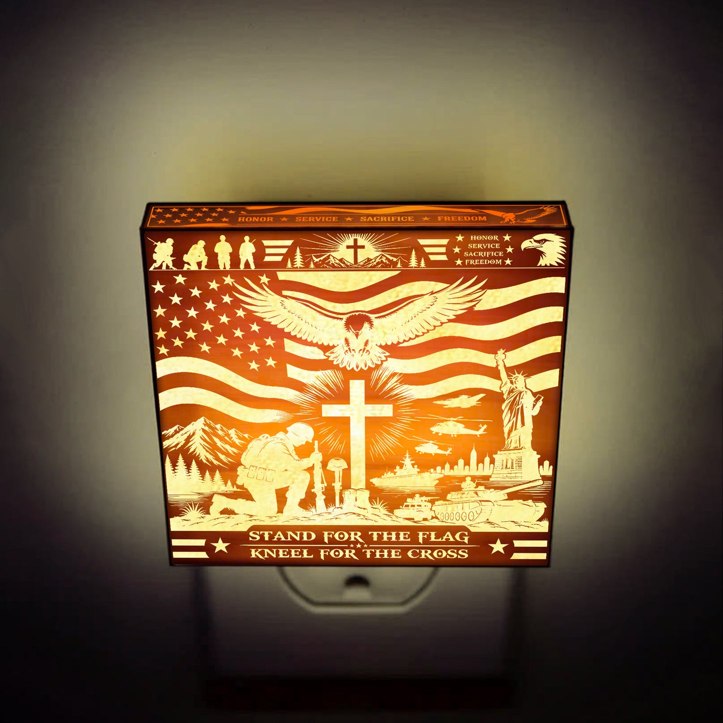 Stand For the Flag - Kneel For the Cross | Artistic Engraved Wooden LED Night Light, NLV0036