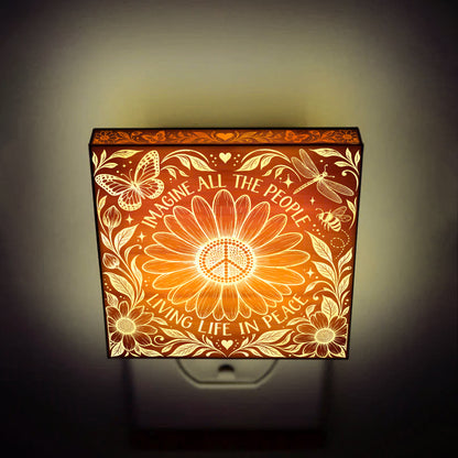Imagine All The People Living Life in Peace, Artistic Engraved Wooden LED Night Light, PH0017
