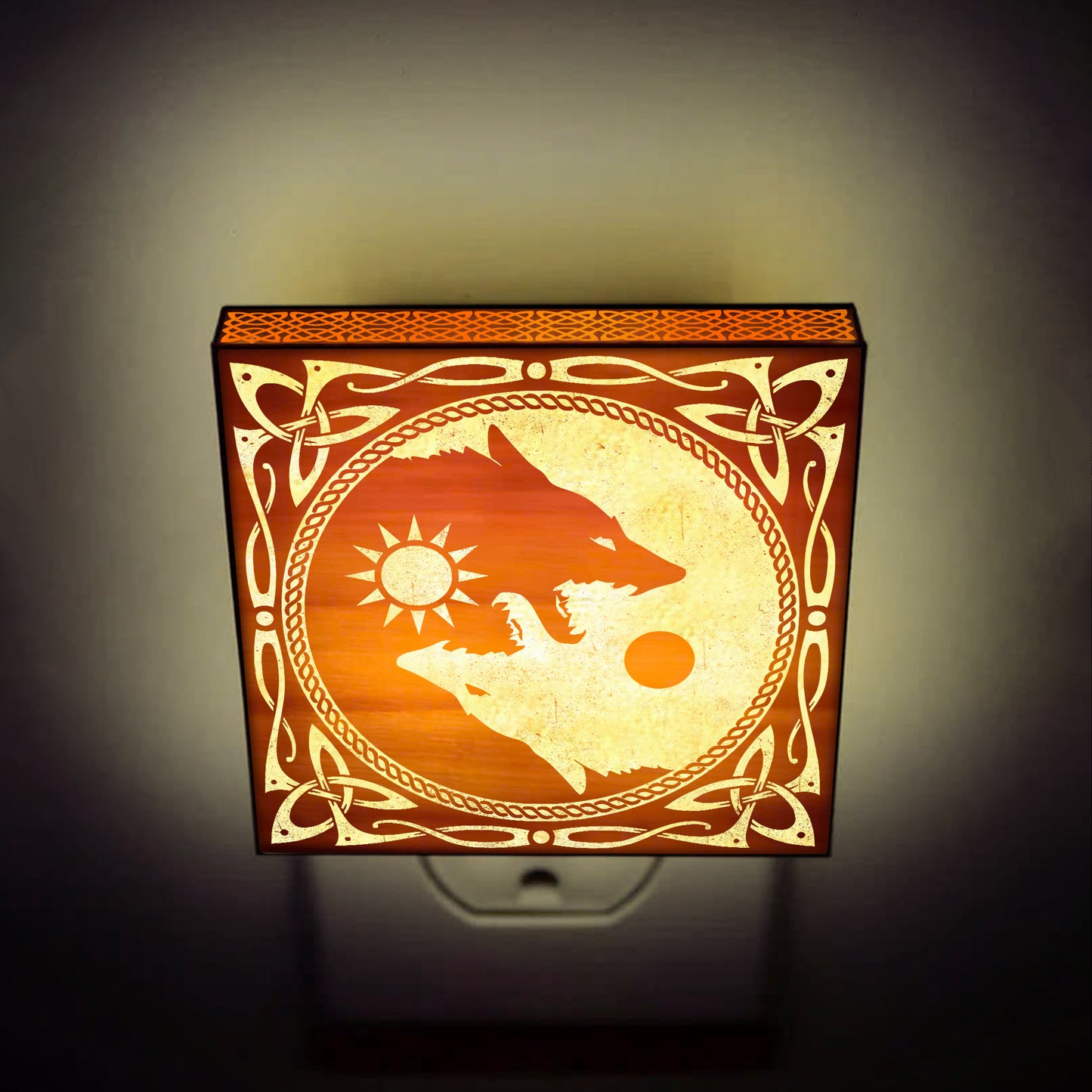 Sun & Moon Viking Wolves Engraved Wooden LED Night Light - NLVK0017