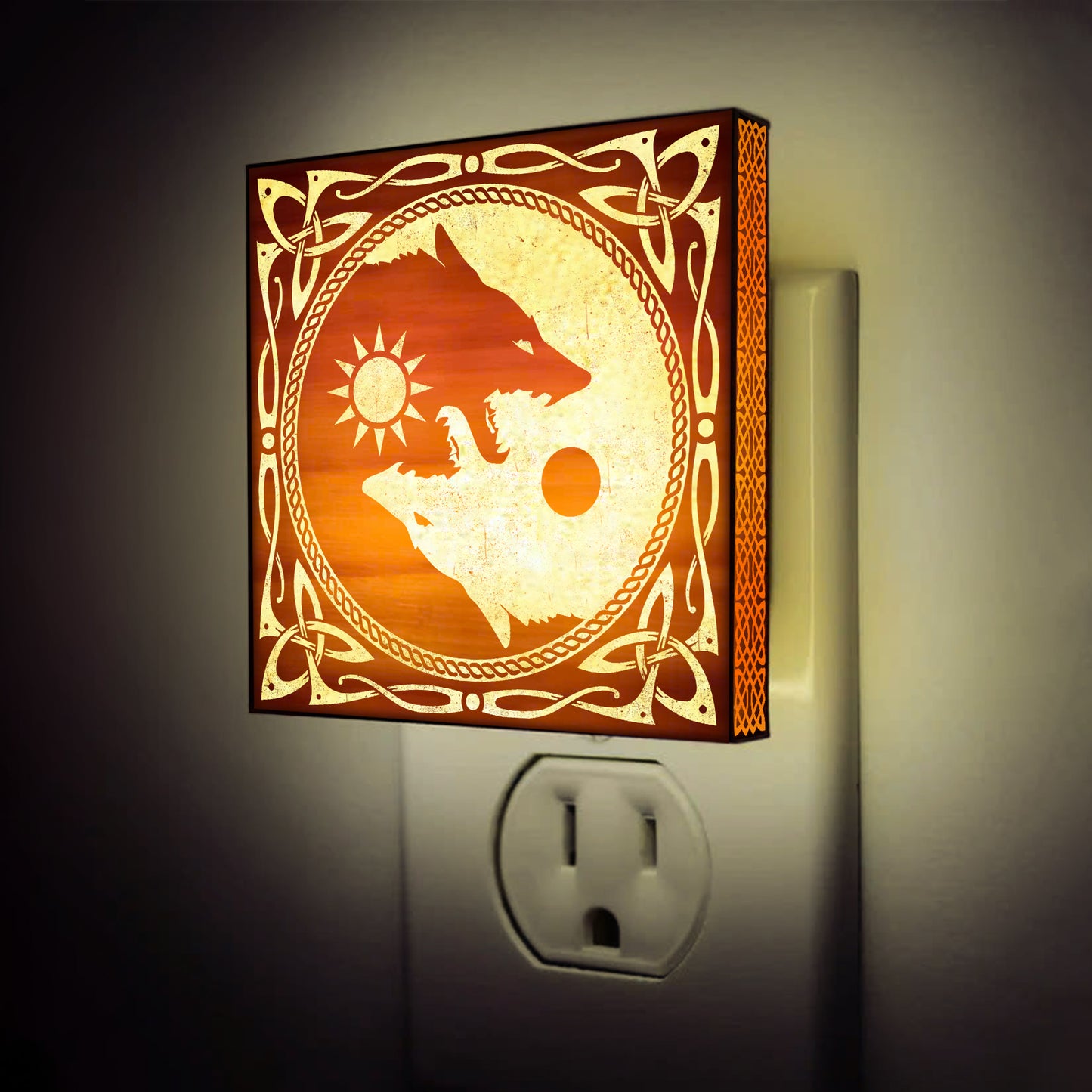 Sun & Moon Viking Wolves Engraved Wooden LED Night Light - NLVK0017