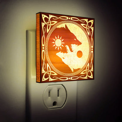 Sun & Moon Viking Wolves Engraved Wooden LED Night Light - NLVK0017