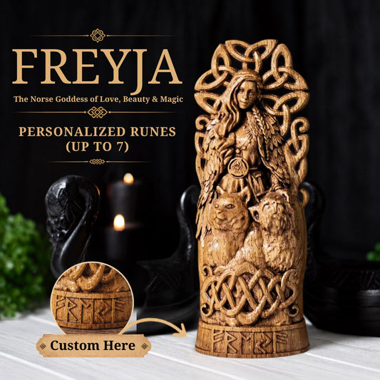 Personalized Freyja Wooden Statue – Custom Runes, Viking Gift & Nordic Decor