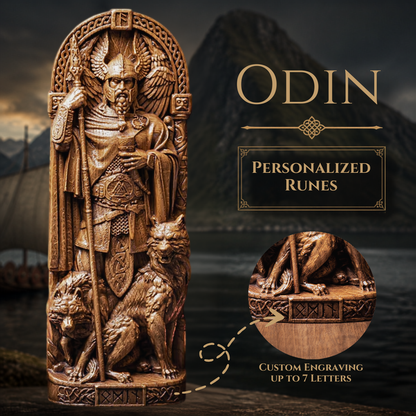 Personalized ODIN Wooden Statue – Custom Runes, Viking Gift & Nordic Decor