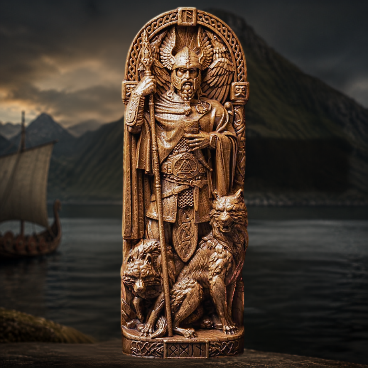 Personalized ODIN Wooden Statue – Custom Runes, Viking Gift & Nordic Decor