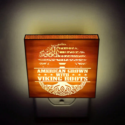American Grown with Viking Roots, Engraved Wooden LED Night Light - NLVK0003