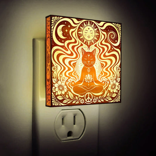 COSMIC SOUL CAT - Artistic Engraved Wooden LED Night Light, PH0010