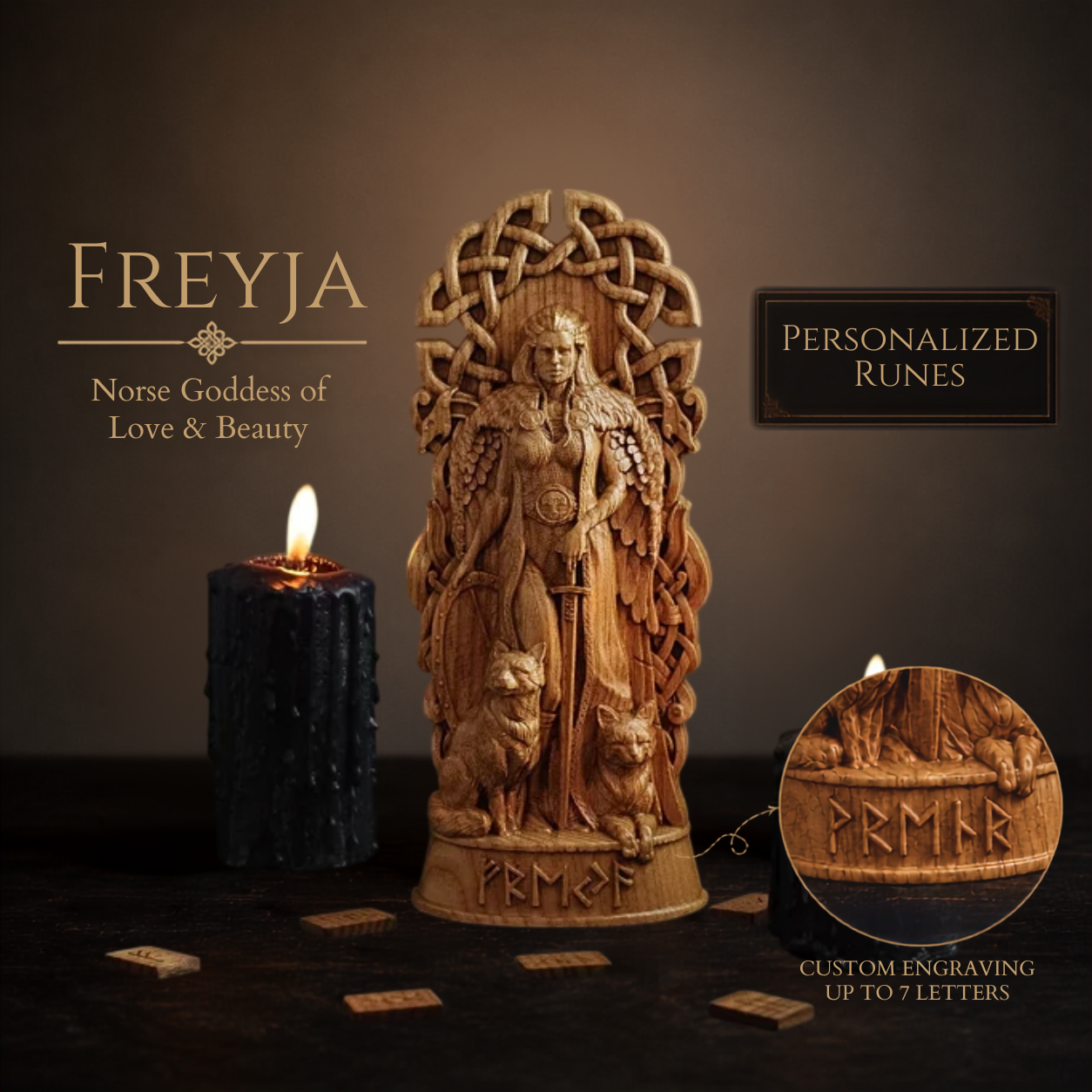 Personalized Freyja Wooden Statue – Custom Runes, Viking Gift & Nordic Decor