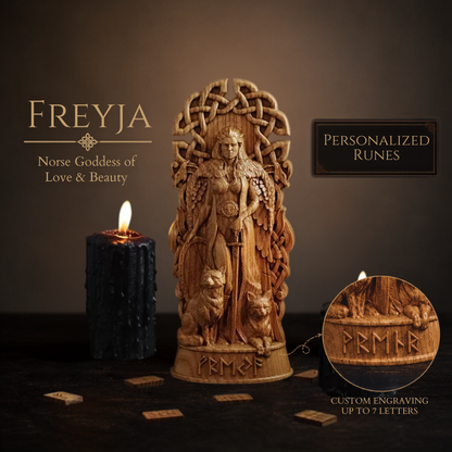 Personalized Freyja Wooden Statue – Custom Runes, Viking Gift & Nordic Decor