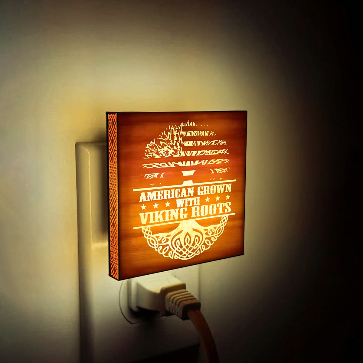 American Grown with Viking Roots, Engraved Wooden LED Night Light - NLVK0003