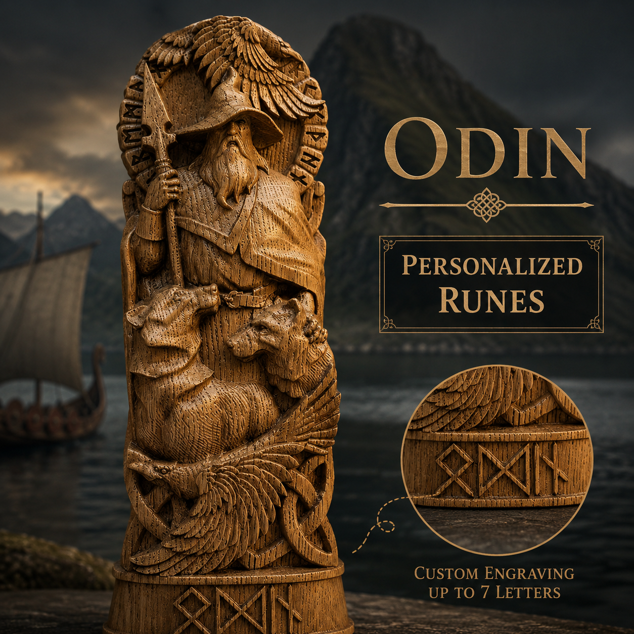 Personalized ODIN Wooden Statue – Custom Runes, Viking Gift & Nordic Decor
